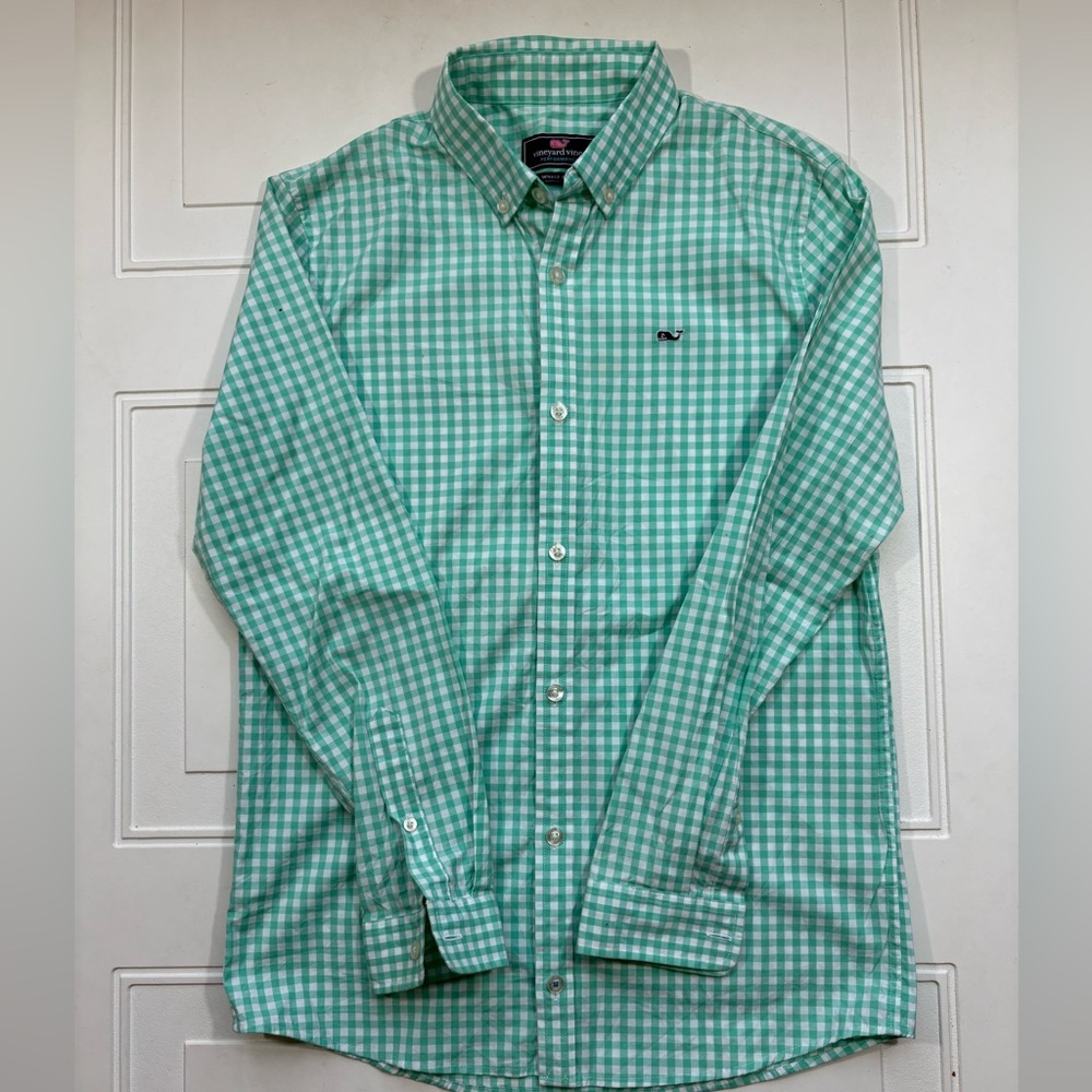 Vineyard Vines Boys Gingham Checked Whale Button Down Green/white Size Large